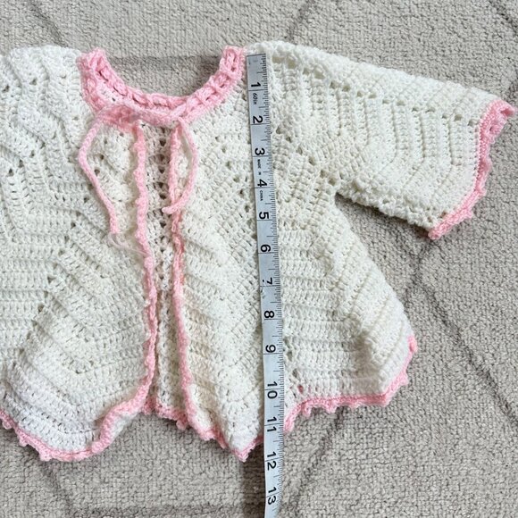 Vintage Hand-Crocheted Baby Cardigan With Pink Trim & Zigzag Design - Picture 3 of 3